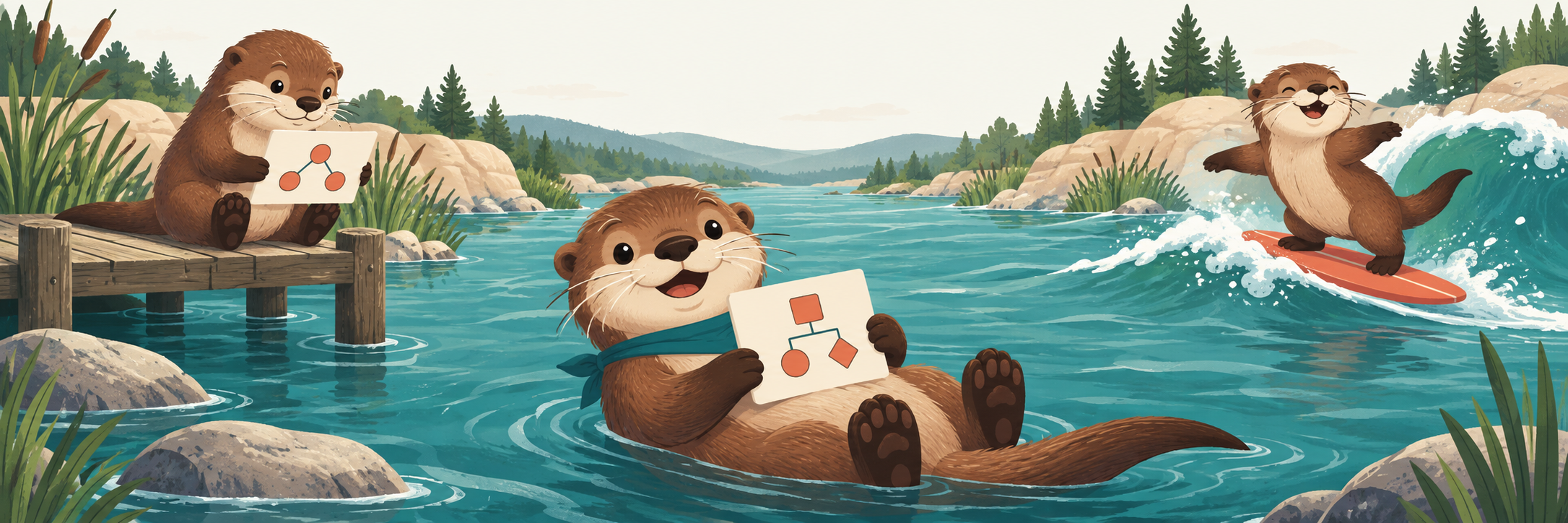 Otters sketch architecture, float, and surf together on a teal river.