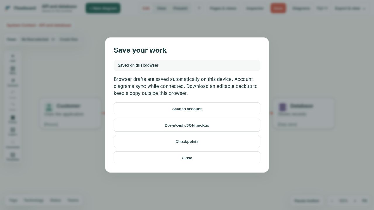 Save opens browser save status, Save to account, Download JSON backup, and Checkpoints.